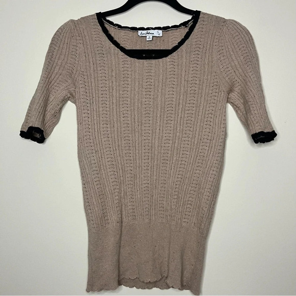 SAM EDELMAN Eyelet Lace Cable Knit Cream Black Lightweight Short Sleeve Sweater - Picture 1 of 9